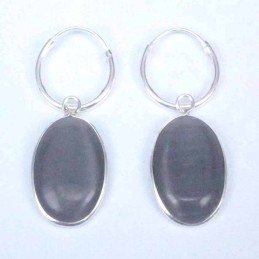 Earring Oval 10x14mm. Cat Eye Black Stone Hoop