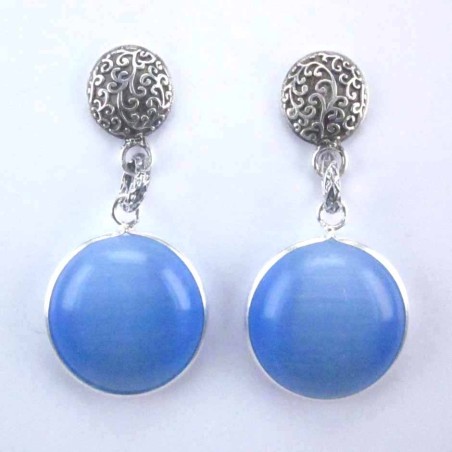 Earring Round +round 16mm.Cat Eye Blue Color