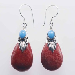 Earring Drop 14x33mm.+Stone 4x6 Coral