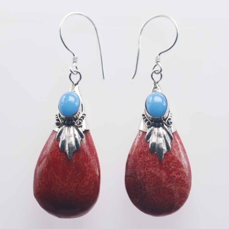 Earring Drop 14x33mm.+Stone 4x6 Coral